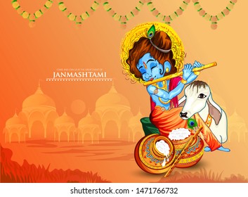 illustration of Lord Krishna in Happy Janmashtami festival background of India, baby krishna