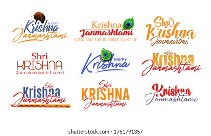 illustration of Lord Krishna in Happy Janmashtami festival of India with text in Hindi meaning Shri Krishn Janmashtami, set banner