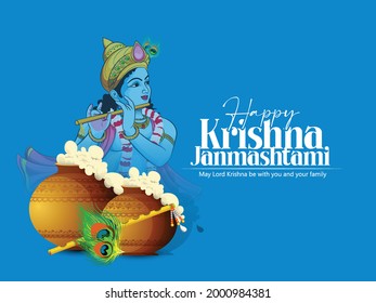illustration of Lord Krishna in Happy Krishna Janmashtami festival background of India