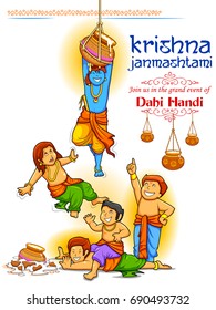 illustration of Lord Krishna in Happy Janmashtami festival background of India