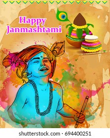 illustration of Lord Krishna in Happy Janmashtami festival of India with text in Hindi meaning Shri Krishan Janmashtami