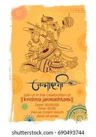 illustration of Lord Krishna with Hindi text meaning Happy Janmashtami festival background of India