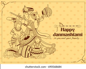 illustration of Lord Krishna with Hindi text meaning Happy Janmashtami festival background of India