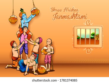 illustration of Lord Krishna and his friend stealing makhan from Dahi handi celebration in Happy Janmashtami festival background of India