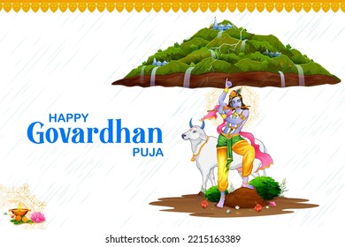 illustration of Lord Krishna lifting Govardhan mountain on Govardhan Puja festival background of India