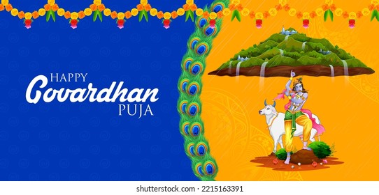 illustration of Lord Krishna lifting Govardhan mountain on Govardhan Puja festival background of India