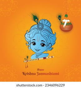 illustration of Lord Krishna and makhan matki in happy janmashtami festival background