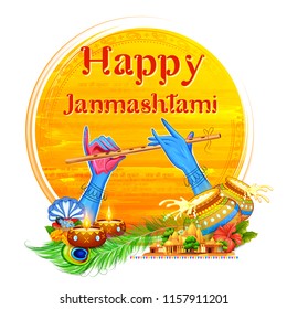 illustration of Lord Krishna playing bansuri (flute) in Happy Janmashtami festival background of India