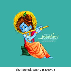 illustration of Lord Krishna playing bansuri,  dahi handi celebration in Happy Janmashtami festival of India