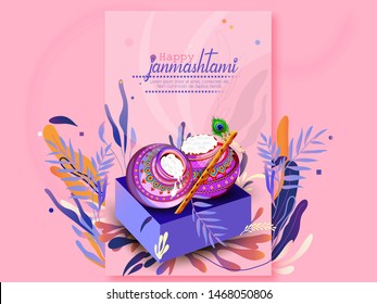 illustration of Lord Krishna playing bansuri,  dahi handi celebration in Happy Janmashtami festival of India