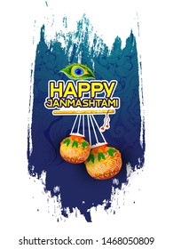 illustration of Lord Krishna playing bansuri,  dahi handi celebration in Happy Janmashtami festival of India