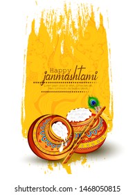 illustration of Lord Krishna playing bansuri,  dahi handi celebration in Happy Janmashtami festival of India