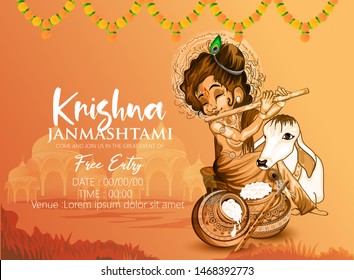 illustration of Lord Krishna playing bansuri in  Happy Janmashtami