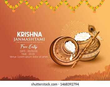 illustration of Lord Krishna playing bansuri in  Happy Janmashtami