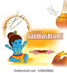 Illustration of Lord Krishna playing bansuri (flute) in religious festival  with text in Hindi meaning Shri Krishan Janmashtami .