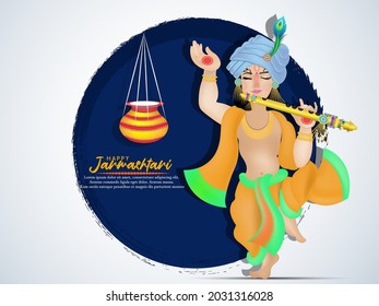 illustration of Lord Krishna playing bansuri (flute) in Happy Janmashtami festival background of India