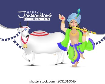 illustration of Lord Krishna playing bansuri (flute) in Happy Janmashtami festival background of India