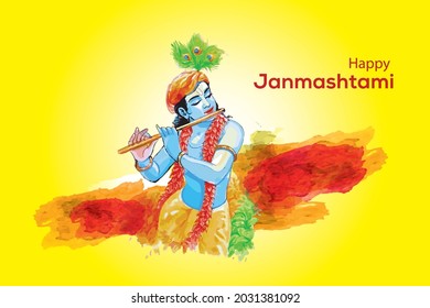 illustration of Lord Krishna playing bansuri Happy Janmashtami Vector Art 