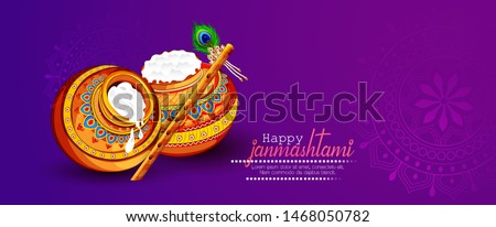 illustration of Lord Krishna playing bansuri,  dahi handi celebration in Happy Janmashtami festival of India