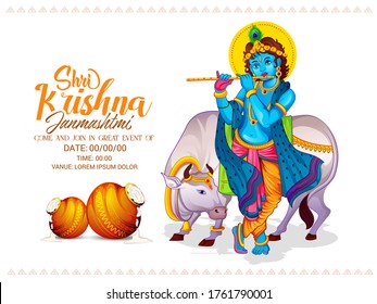 illustration of  Lord Krishna playing bansuriand cow  in Happy Janmashtami festival of India with Hindi meaning Shri Krishn Janmashtami