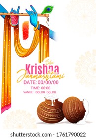 illustration of  Lord Krishna playing bansuriand cow  in Happy Janmashtami festival of India with Hindi meaning Shri Krishn Janmashtami