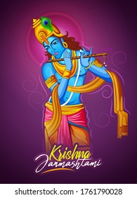 illustration of  Lord Krishna playing bansuriand cow  in Happy Janmashtami festival of India with Hindi meaning Shri Krishn Janmashtami