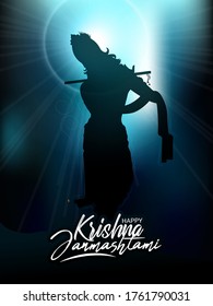 illustration of  Lord Krishna playing bansuriand cow  in Happy Janmashtami festival of India with Hindi meaning Shri Krishn Janmashtami