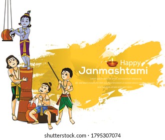 illustration of Lord Krishna playing dahi handi in Happy Janmashtami festival background of India