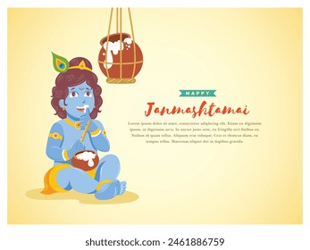 Ilustración de Lord Krishna tocando dahi handi en el fondo feliz del festival Janmashtami de la India