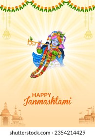 illustration of Lord Krishna playing flute in Happy Janmashtami festival background of India