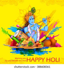 illustration of Lord Krishna playing flute in Happy Holi background