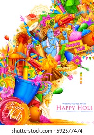 illustration of Lord Krishna playing flute in Happy Holi background
