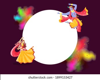 Illustration Of Lord Krishna And Radha Doing Dance With Empty Circular Frame On Purple Background.