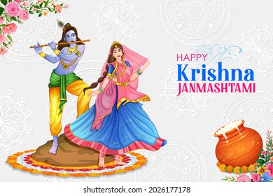 illustration of Lord Krishna and Radha in religious festival background of India Shri Krishan Janmashtami