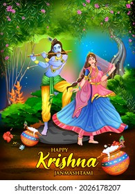 illustration of Lord Krishna and Radha in the religious festival background of India Shri Krishan Janmashtami