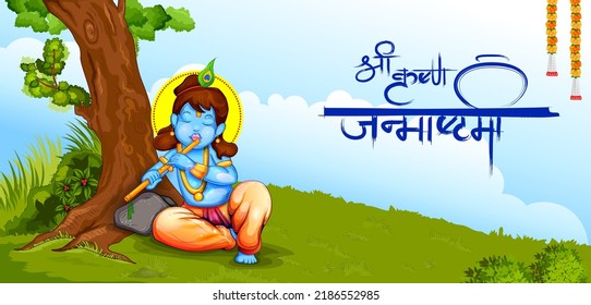 illustration of Lord Krishna in religious festival background of India with text in Hindi meaning Shri Krishan Janmashtami