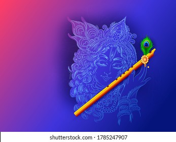 illustration of Lord Krishna with sketch pattern in Happy Janmashtami Indian festival,  background 