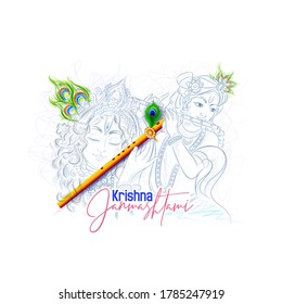 illustration of Lord Krishna with sketch pattern in Happy Janmashtami Indian festival,  background 