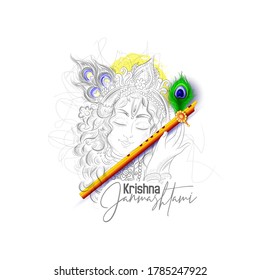 illustration of Lord Krishna with sketch pattern in Happy Janmashtami Indian festival,  background 