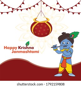 illustration of Lord Krishna with text Happy Krishna Janmashtami  festival of India , Dahi Handi meaning cream and pot background, banner, poster , vector
