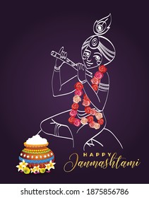 illustration of Lord Krishna with text Happy Krishna Janmashtami  festival of India , Dahi Handi meaning cream and pot background, banner, poster , vector
