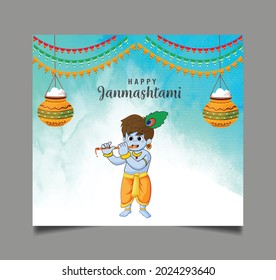illustration of Lord Krishna with text Happy Krishna Janmashtami  festival of India , Dahi Handi meaning cream and pot background, banner, poster , vector

