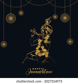 illustration of Lord Krishna with text Happy Krishna Janmashtami  festival of India , Dahi Handi meaning cream and pot background, banner, poster , vector
