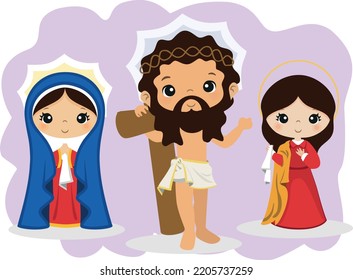 illustration of the Lord of Miracles, Christ Moreno, Lord of Pachacamilla, Peruvian religious images, with Virgin Mary and Saint, purple