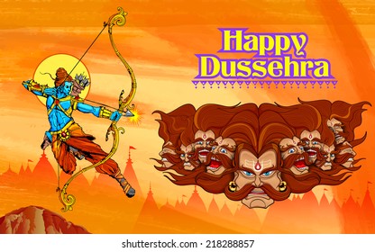 illustration of Lord Ram with bow arrow killing Ravan