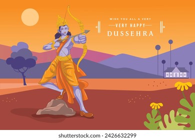 Illustration of Lord Ram bow arrow and temple background for Indian festival Ram Navami. Template design for Ram Navami Celebration.