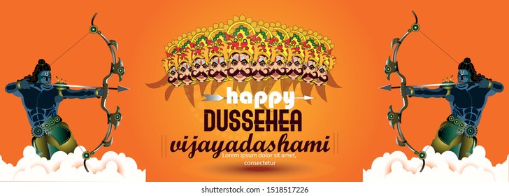 illustration of Lord Ram India poster with Hindi text meaning Happy Dussehra illustration of Lord Rama killing Ravana in Dussehra Navratri festival