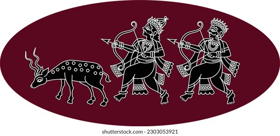 Illustration of Lord Ram and Laxman, golden deer drawn in Pinguli folk art style of Maharashtra India. Ramayan great Hindu epic, for textile printing, logo, wallpaper