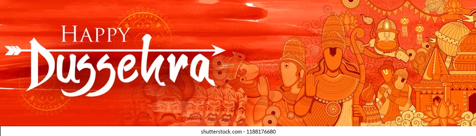 illustration of Lord Ram, Sita, Laxmana, Hanuman and Ravana in Dussehra Navratri festival of India poster