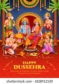 illustration of Lord Ram, Sita, Laxmana, Hanuman, Bharat and Shatrughna in Ram Darbar for Dussehra Navratri festival of India poster